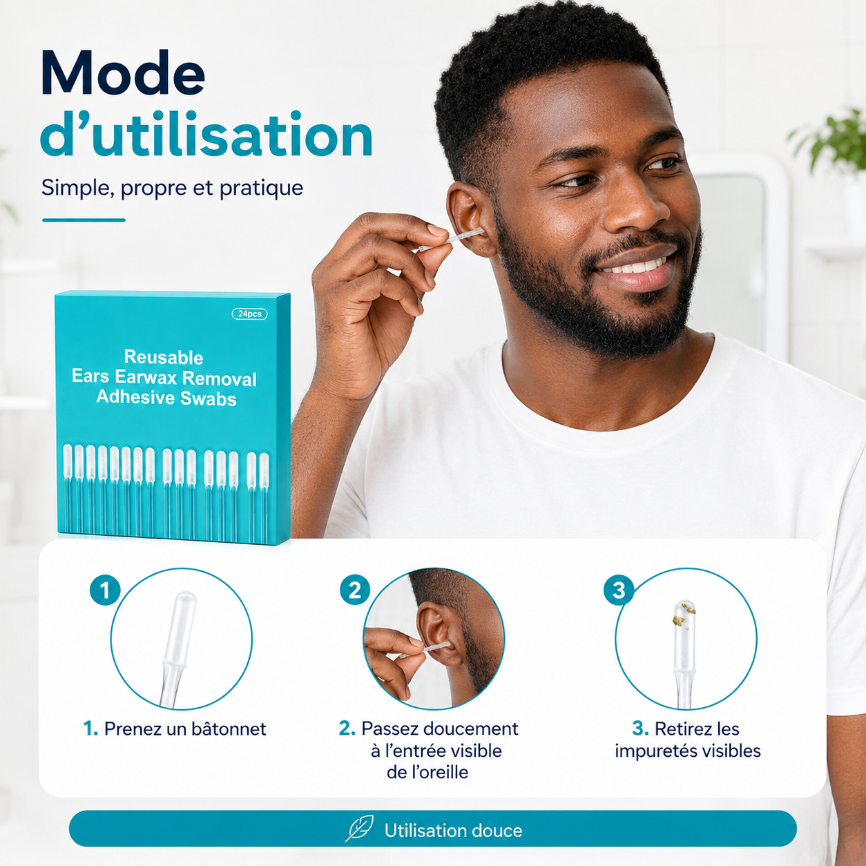 Bâtonnets Adhésifs Lavables pour l’Hygiène des Oreilles – Boîte de 24